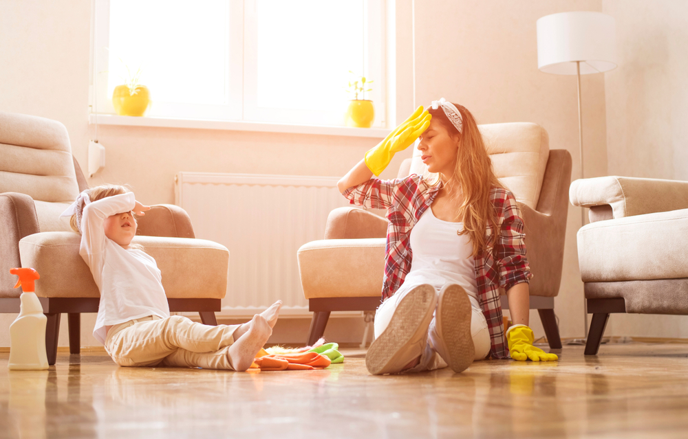 bahar, temizlik, ev, kadın, çocuk, salon